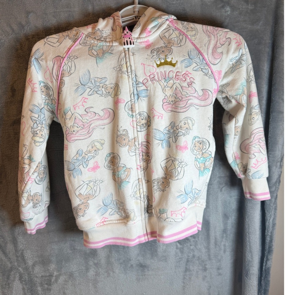 Disney Princess Hoodie Girls 7 Oatmeal Heather Good Zip Up Castle All Over Print